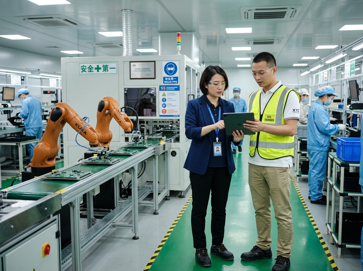 Auditor reviewing automated manufacturing lines in China