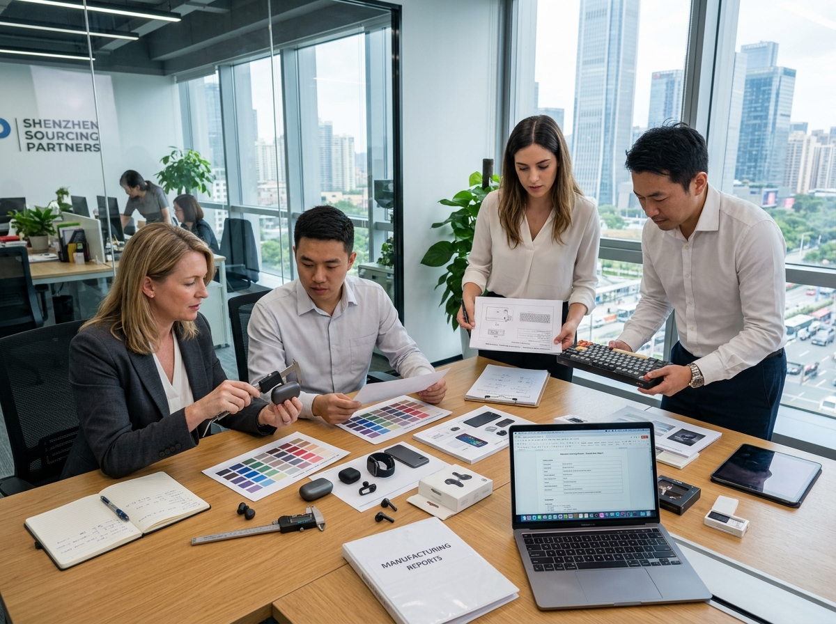 Product Sourcing team reviewing samples in Shenzhen China