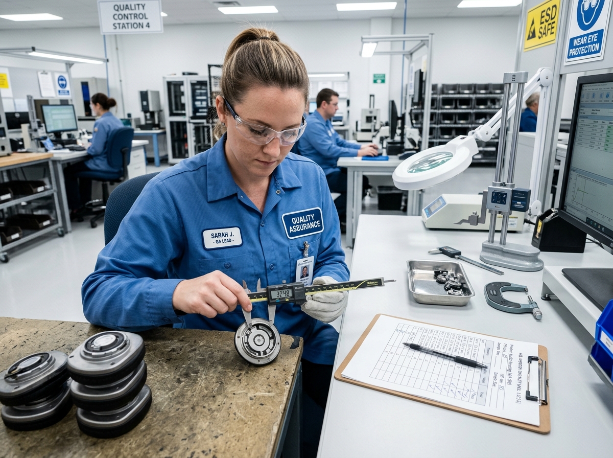 Quality control inspector testing product specifications in China